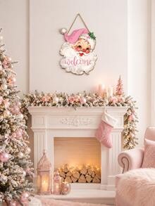 1pc Pink Santa Claus Welcome Sign, Christmas Door Hanging Decor, Vintage Wooden Holiday Wall Hanging, Christmas Front Porch Hanging Ornament, Christmas Party Home Entrance Decoration, Rustic Style Holiday Hanging Decor - Pink - View 6
