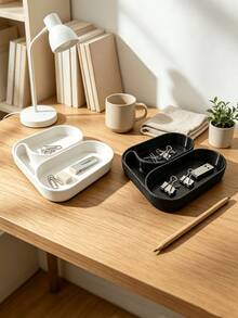 3D Printed Dual-Compartment Oval Storage Tray, Black And White, Entryway Key & Jewelry Organizer, Vanity Ring & Earring Holder, Desktop Organizer For Earphones, Perfume And Small Items, Minimalist Ins Style Home Decor - Multicolor - View 5