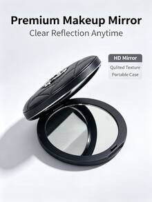 Dior Round Portable Makeup Mirror, Premium Black Faux Leather With Quilted Stitching, 3D Metal CD Logo, Flip Cover Double-Sided Mirror Design, Convenient For Touch-Ups On The Go - Black - View 5