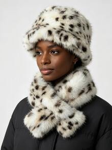 2pcs Unisex Faux Lynx Scarf & Hat Set, Leopard Print Plush Bucket Hat, Face-Slimming Thickened Warm Ear-Protective Hat - Multicolor - View 3