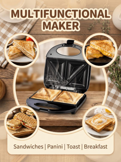 SOKANY Pembuat Roti Lapis Bertenaga Tinggi 800W, Pemanas Dua Sisi, Piring Anti Lengket, Lampu Indikator LED, Mudah Dibersihkan, Cocok untuk Roti, Pancake, Memanggang, Sarapan