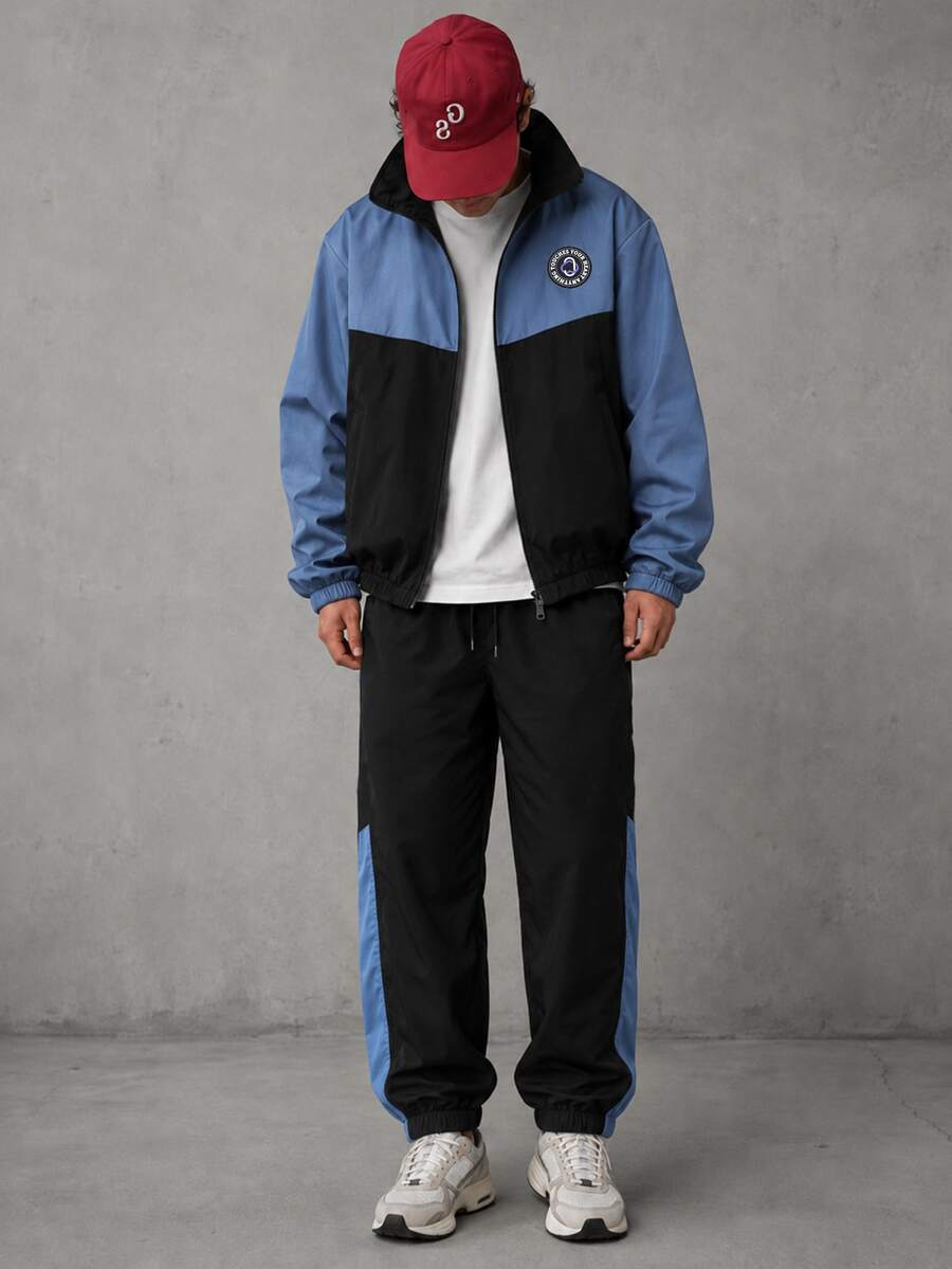1‑Piece Men's Autumn‑Winter Color‑Block Tracksuit Stand Collar Zip‑Up Jacket Jogger Pants Casual For Running Commute Outdoor - Black - View 1