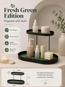 [1pc Iron Art Storage Rack] 1pc Minimalist Style Iron Art Storage Rack With Faux Leather Lining. Double-Layer Oval Storage Box, Suitable For Storing Cosmetics, Jewelry And Keys. Suitable For Living Room Desktop Storage, Bedroom, Bathroom Entrance And Other Scenes, Can Be Used As Desktop Perfume And Lipstick Holder. - Multicolor - View 5