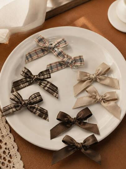 5pcs Vintage Plaid Bow Hair Clips Set, Autumn/Winter College Style Side Clips For Loose Hair, Versatile Fabric Bangs Clips, Girls Hair Accessories, Girls Daily Wear Hair Clips, Holiday Party Hair Accessories
