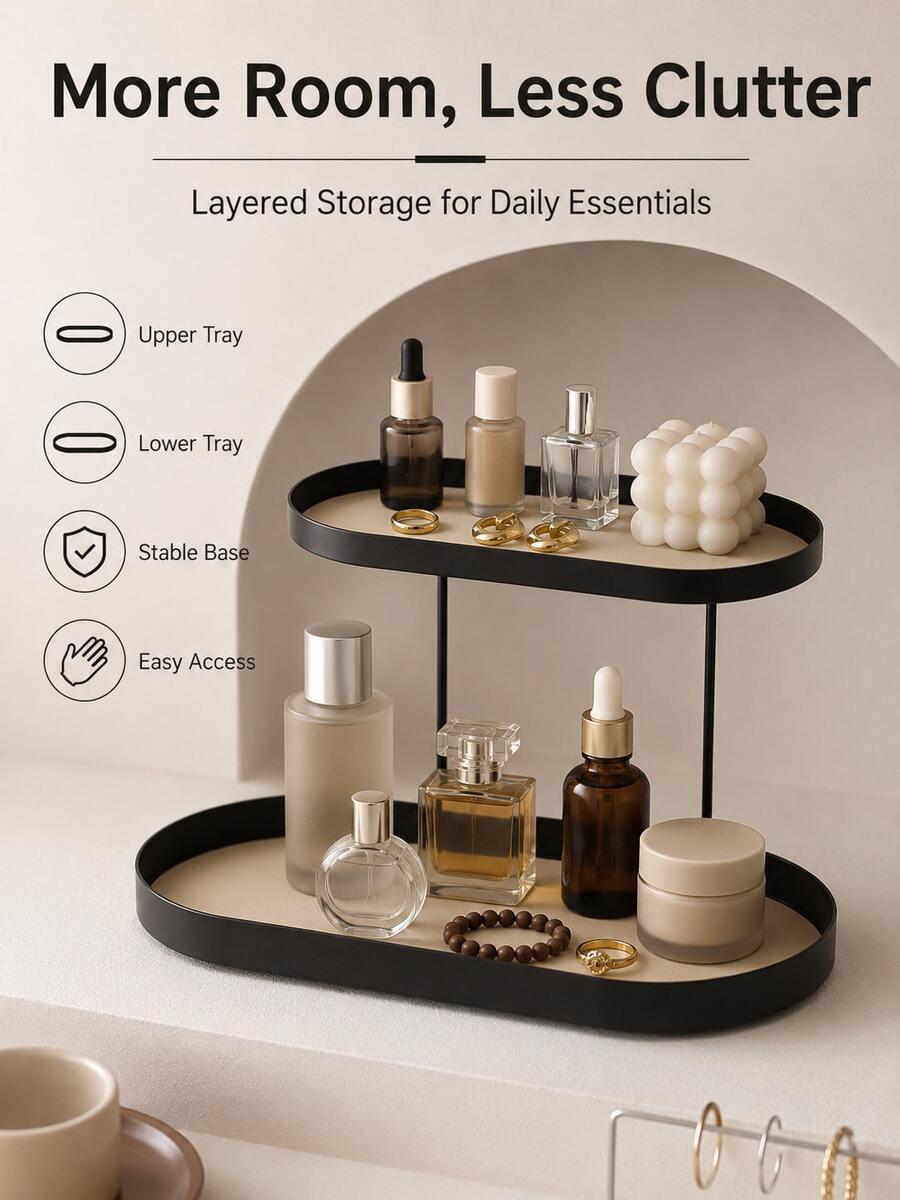 1pc, Shelf, Office, Furniture, Coffee Corner, Cosmetic Storage Rack, Corner, Room Furniture, Tray, Desktop Cosmetic Storage Rack, Modern Luxury Style, Black And Brown Patchwork, Oval Structure, Double-Layer Open Layout, Stable Support, Prevent Items From Slipping, Upper And Lower Partition Storage, Easy Access, Save Desktop Space, Perfume Display Rack, Skincare Product Storage Rack, Cosmetic Organizer Rack, Jewelry Storage Rack, Vanity Storage Rack - Multicolor - View 1