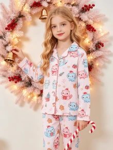 2pcs/Set Winter New Girls Pajamas, Cute Christmas Hexagonal Dragon All-Over Print Lapel Button Long Sleeve Top And Pants, Flame Retardant Comfortable Mid-To-Large Children Home Wear, Christmas Party Wearable Loungewear Set - Multicolor - View 1