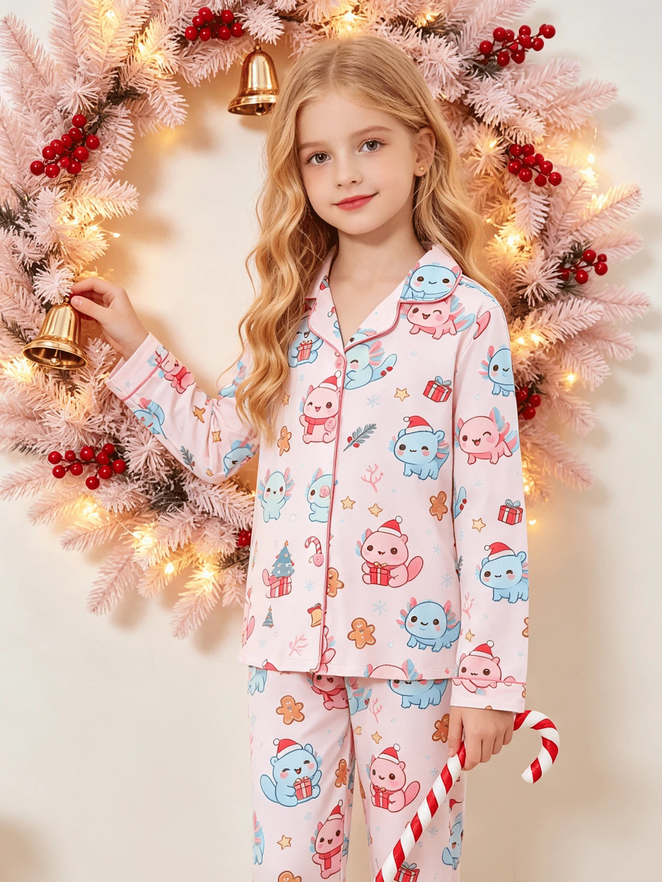 2pcs/Set Winter New Girls Pajamas, Cute Christmas Hexagonal Dragon All-Over Print Lapel Button Long Sleeve Top And Pants, Flame Retardant Comfortable Mid-To-Large Children Home Wear, Christmas Party Wearable Loungewear Set - Multicolor - View 1