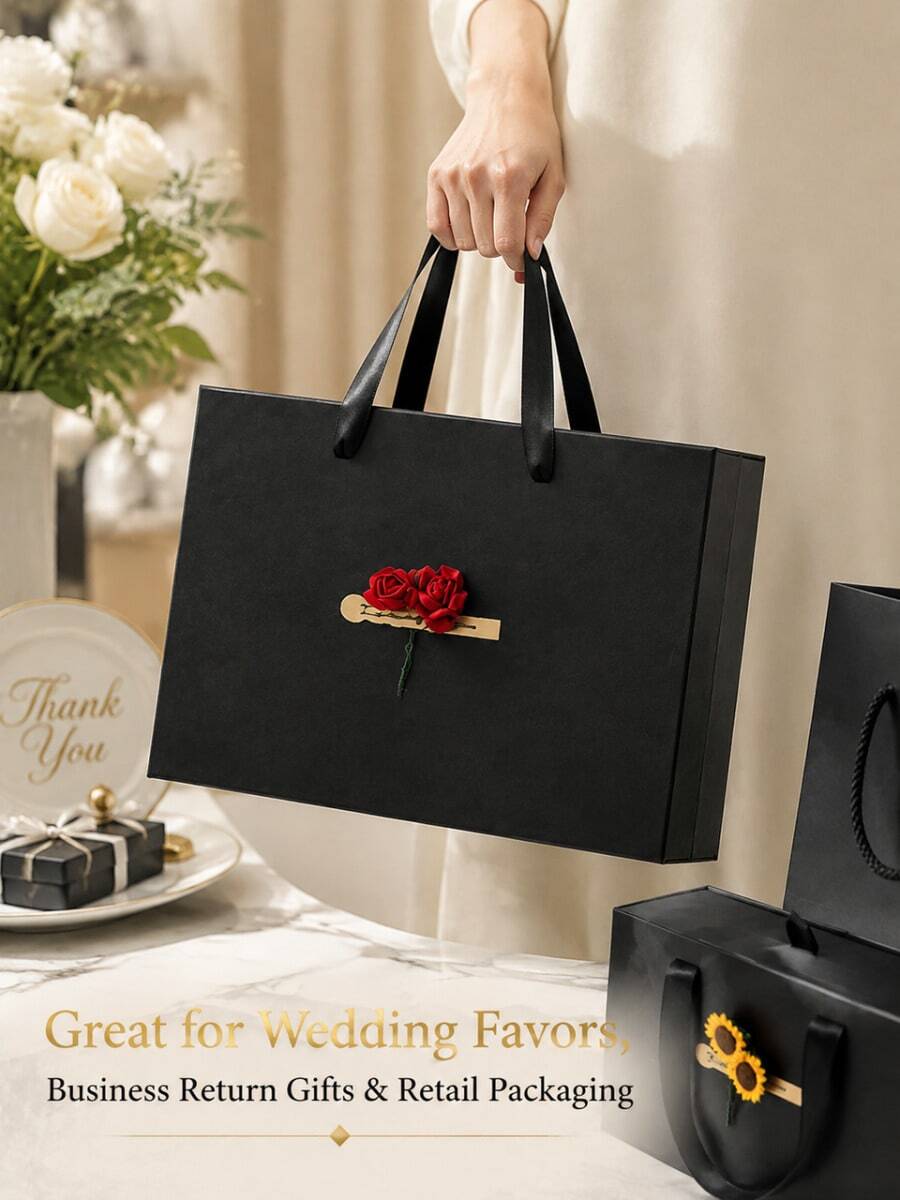 1pc(S-M-L)Black Gift Box With Ribbon Handles,Slide-Out Elegant Reusable Present Packaging Box With Decorative Flower, Gift Holder For Women Men, Birthday Wedding Gift-Giving Anniversary Christmas Valentine's Day - Black - View 1