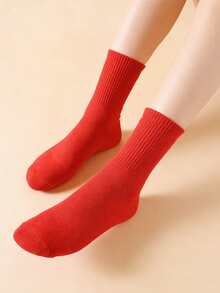 4 Pairs Unisex Solid Color Mid-Calf Socks In Brown, Navy Blue, Festive Red And Fashion Blue, High Elasticity, Comfortable, Breathable, Sweat-Absorbent, Suitable For Commuting And Holidays, All Season Wear - Multicolor - View 16