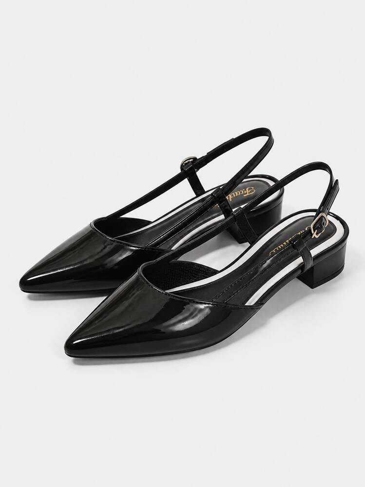 Women's Elegant Pointed Toe Slingback Heels, Black Low Block Heel Shoes With Buckle Strap, Fashionable Versatile Dress Shoes - Black - View 4