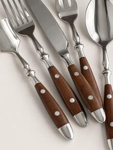 1 Walnut Two-Riveted Cutlery Set, Light Luxury High-End Stainless Steel Dinner Knife, Fork, Spoon, Salad Fork, Teaspoon, Ice Cream Spoon, High-Value Practical Household Restaurant Wooden Handle Knife, Fork, Spoon - View 9
