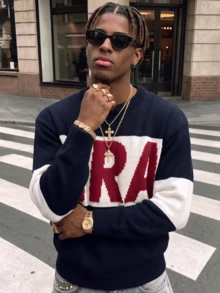 ANDREILEE Men's Casual Fashion Streetwear ERA Letter Crew Neck Loose Long Sleeve Ribbed Hem Daily Commute Versatile Knit Pullover Sweater - Navy Blue - View 3