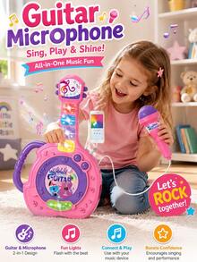 Children's Guitar With Microphone, Flashing Lights And Music Karaoke Function, Supports Phone Connection For Simulated Instrument Performance, Interactive Early Education Educational Toy Suitable For Boys And Girls Party Games, Holiday Halloween Christmas Birthday Festival Gift (Button Color Is Random) - Multicolor - View 2