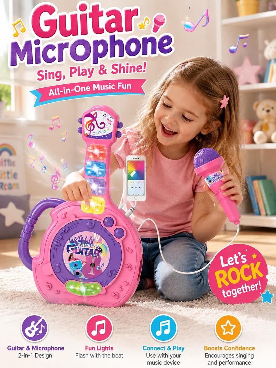 Children's Guitar With Microphone, Flashing Lights And Music Karaoke Function, Supports Phone Connection For Simulated Instrument Performance, Interactive Early Education Educational Toy Suitable For Boys And Girls Party Games, Holiday Halloween Christmas Birthday Festival Gift (Button Color Is Random)
