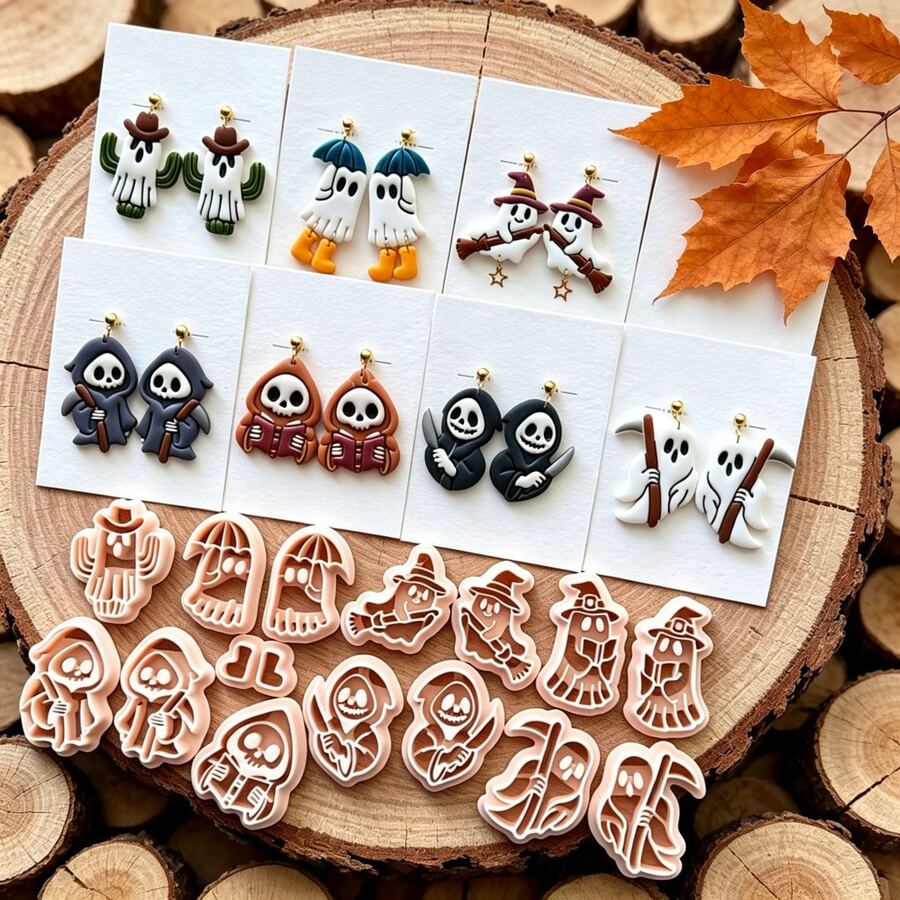 Halloween Creative Ghost Bow Shape Polymer Clay Mold, Halloween Theme Soft Clay Jewelry Making Mold, Various Ghost Shape Handmade Earring Mold - Apricot - View 1