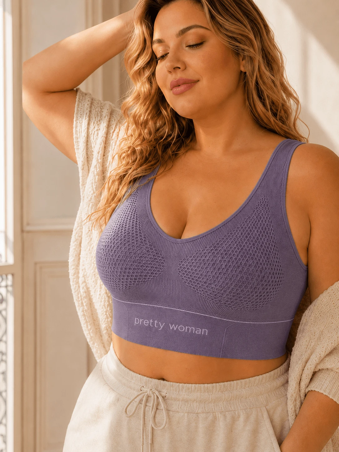 1pc Plus Size Women's Purple Ribbed Mesh Wireless Sports Bra, Letter Print Hem, Removable Padding, Fitness Bra - Purple - View 1
