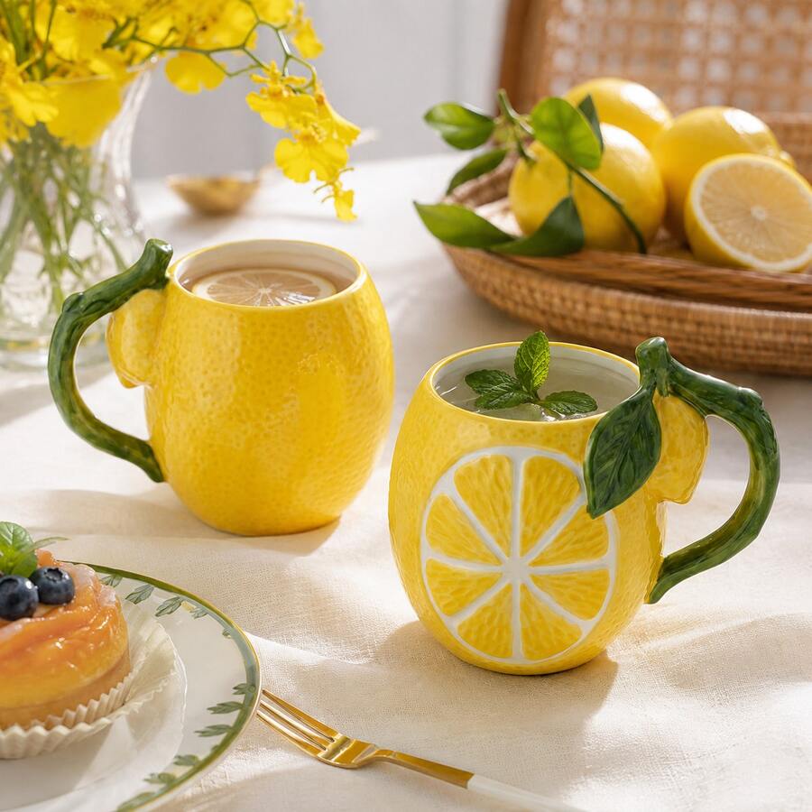 1pc Summer Fruit Lemon Ceramic Mug 520ml, Embossed Lemon Slice & Leaf Handle, Coffee Milk Cup, Creative Tableware Home Decor Gift - Gold - View 1