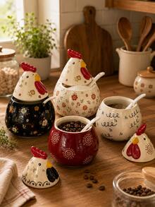Chicken Ceramic Storage Jar With Lid & Spoon, Cute Floral Condiment Sugar Spice Coffee Bean Container, Kitchen Gift - Multicolor - View 2