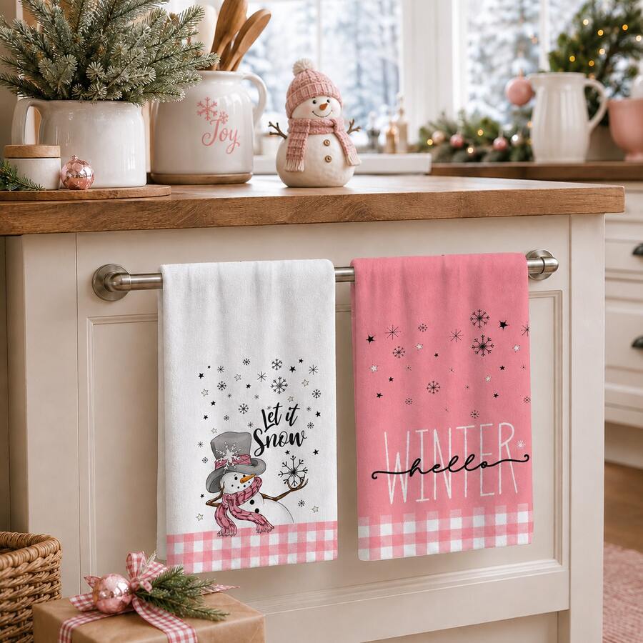 2/4/6pcs Winter Snowman Theme Printed Christmas Home Decor Kitchen Napkins, Cute Pink Hand-Drawn Style, Soft And Easy To Clean, Snowman, Snowflake, Pink And White Plaid Patterns, Winter Home Decor, Holiday Home Gift, Suitable For Kitchen Decor, Baking, Cooking, Winter Party, Christmas Season - Multicolor - View 1
