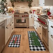 1/2/3pcs Christmas Theme Kitchen Rugs, Flannel Kitchen Rugs With Christmas Tree Pattern And Black & White Checkered Background, Comfortable Soft Absorbent Non-Slip Machine Washable With Anti-Slip Backing, Multi-Functional Floor Mat Suitable For Entrance, Living Room, Bedroom, Kitchen, Dining Room, Bathroom, Patio, Hallway, Home And Holiday Decor - Multicolor - View 5