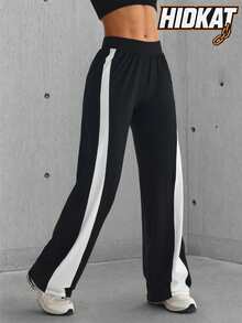 Hidkat Women's Solid Color High Waist Elastic Band Yoga Casual Sports Knit Flare Pants - Black and White - View 1