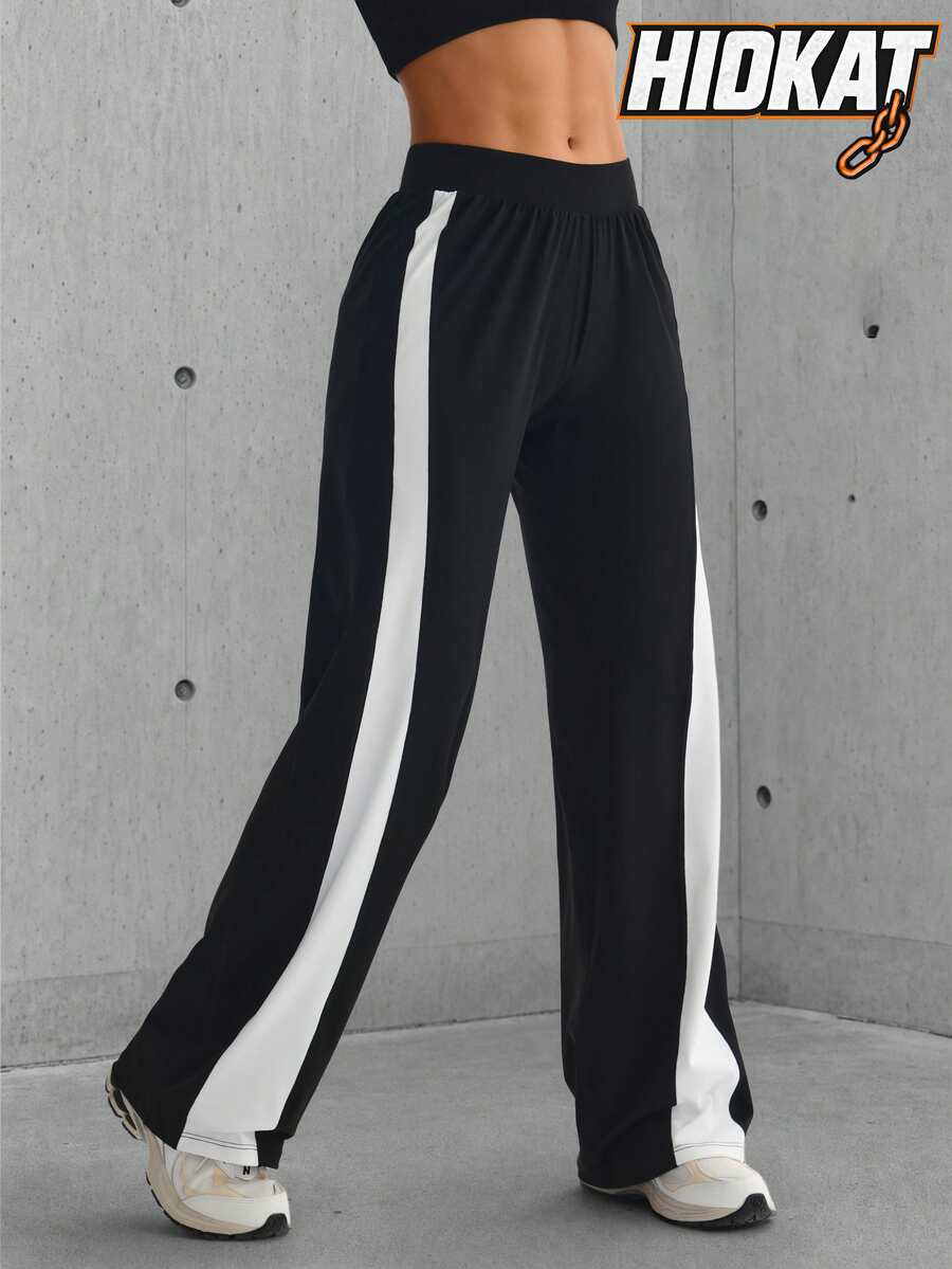 Hidkat Women's Solid Color High Waist Elastic Band Yoga Casual Sports Knit Flare Pants - Black and White - View 1