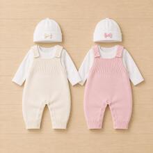Kit 2 Jardineiras Tricot Romper Vira Pe Macacão Bebe Menina Menino Maternidade - Off-White / Rosa Nenê - Visão 3