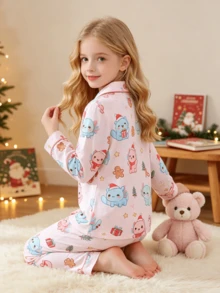 2pcs/Set Winter New Girls Pajamas, Cute Christmas Hexagonal Dragon All-Over Print Lapel Button Long Sleeve Top And Pants, Flame Retardant Comfortable Mid-To-Large Children Home Wear, Christmas Party Wearable Loungewear Set - Multicolor - View 2