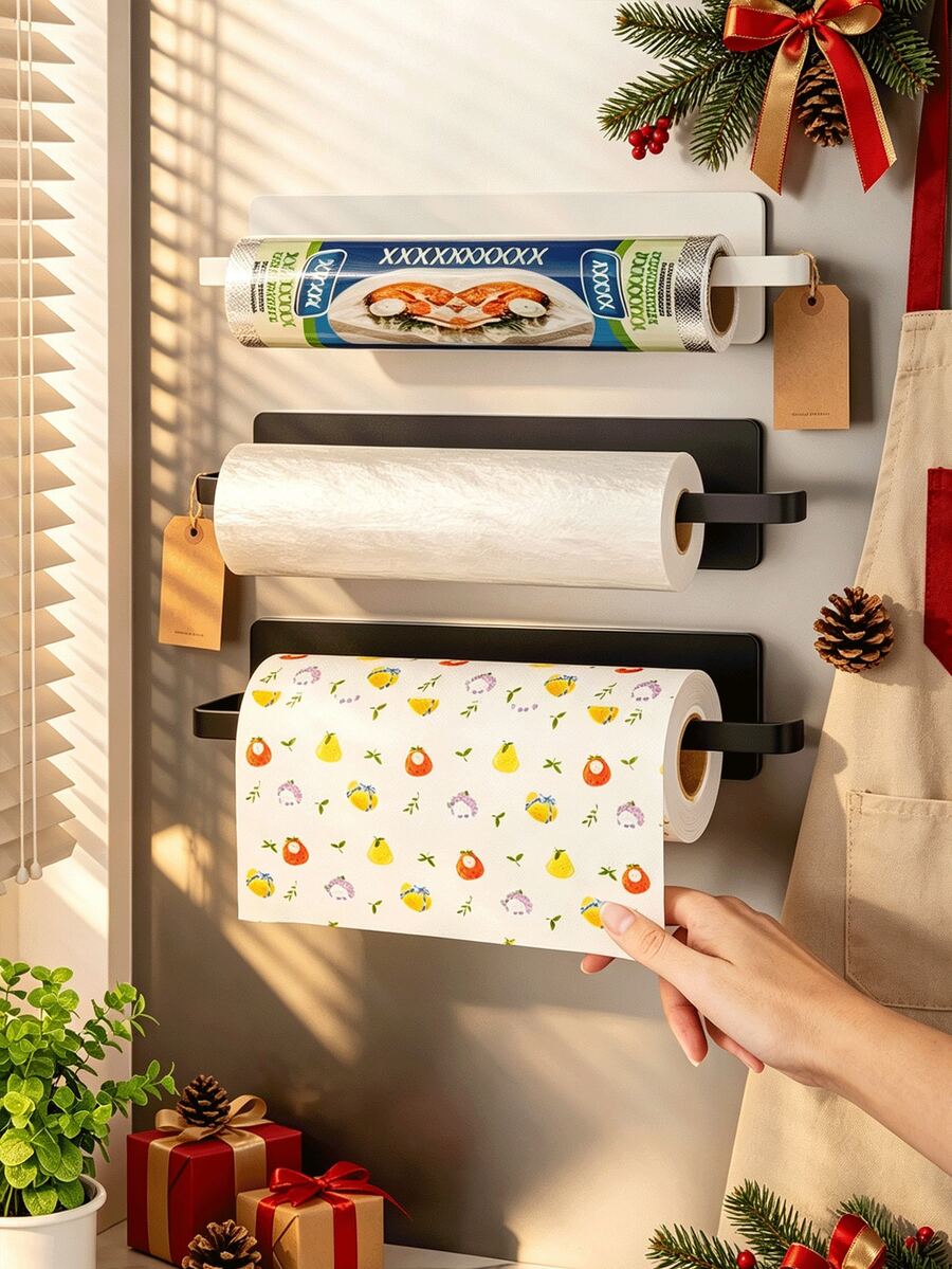 Wall-Mounted, Self-Adhesive Paper Towel Holder (Suitable For Under-Cabinet Installation) Featuring An Integrated Cling Film Cutter And Storage Shelf; Stylish, Durable, And Space-Saving-Ideal For RVs, Kitchens, Bathrooms, And Home Use.