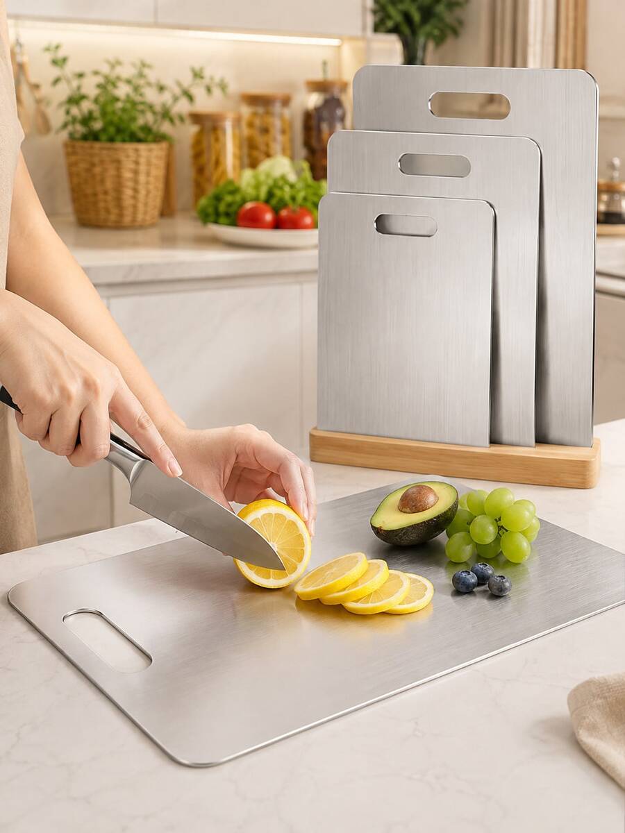 3pcs Stainless Steel Cutting Board Designed With A Handy Hanging Hole To Save Kitchen Storage Space, Various Practical Sizes Optional To Meet Different Cooking Demands, For Processing Meat, Vegetables, Fruits, Bread And Other Food Materials