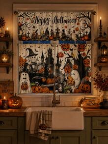 3pcs Happy Halloween Kitchen Curtain Set, Ghost Pumpkin Haunted Castle Truck Graveyard Print Tier Panels With Valance For Spooky Farmhouse Window Decor - E - View 6