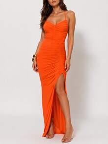 Women's Sexy Mesh Spaghetti Strap V-Neck Ruched Fitted High Slit Elegant Evening Party Nightclub Maxi Dress - Orange - View 2