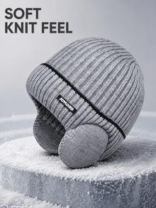 1pc Unisex Thermal Lined Knitted Hat, Thick Ribbed Knit Fabric For Warmth, Built-In Ear Flaps To Block Cold Wind, Simple Woven Strap And Fabric Label Design, Snug Fit To Head Circumference, Suitable For Cycling, Commuting, Skiing, Outdoor Activities, Versatile Cold-Weather Beanie For Autumn/Winter - Knitted Hat - View 5