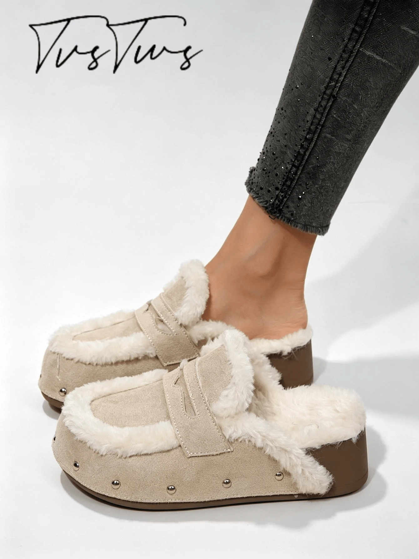 Women's Cute New Loafer Style Plush Trim Thermal Lined Mule Shoes, Rivet Thick Platform Wedge Heel Round Toe Closed Toe Slippers