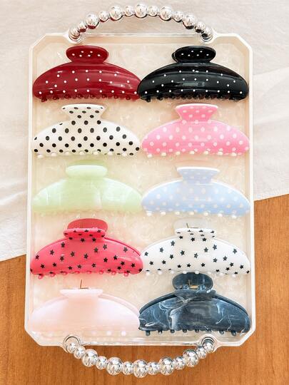 10pcs Women's 11cm/4.33in Polka Dot & Star Pattern Large Curved Claw Hair Clips, Round Dot, Five-Point Star & Water Ripple Glossy Lightweight Plastic Wide-Tooth Hair Claws, Vintage Fashion Sweet Versatile Premium Hair Accessories, Suitable For Thick Hair, Medium To Long Hair, Daily Wear, Commute, Casual Gatherings, Dates, Beach Vacation, Half-Up, Updo, Face Washing, Bathing, Makeup & Outfit Styling