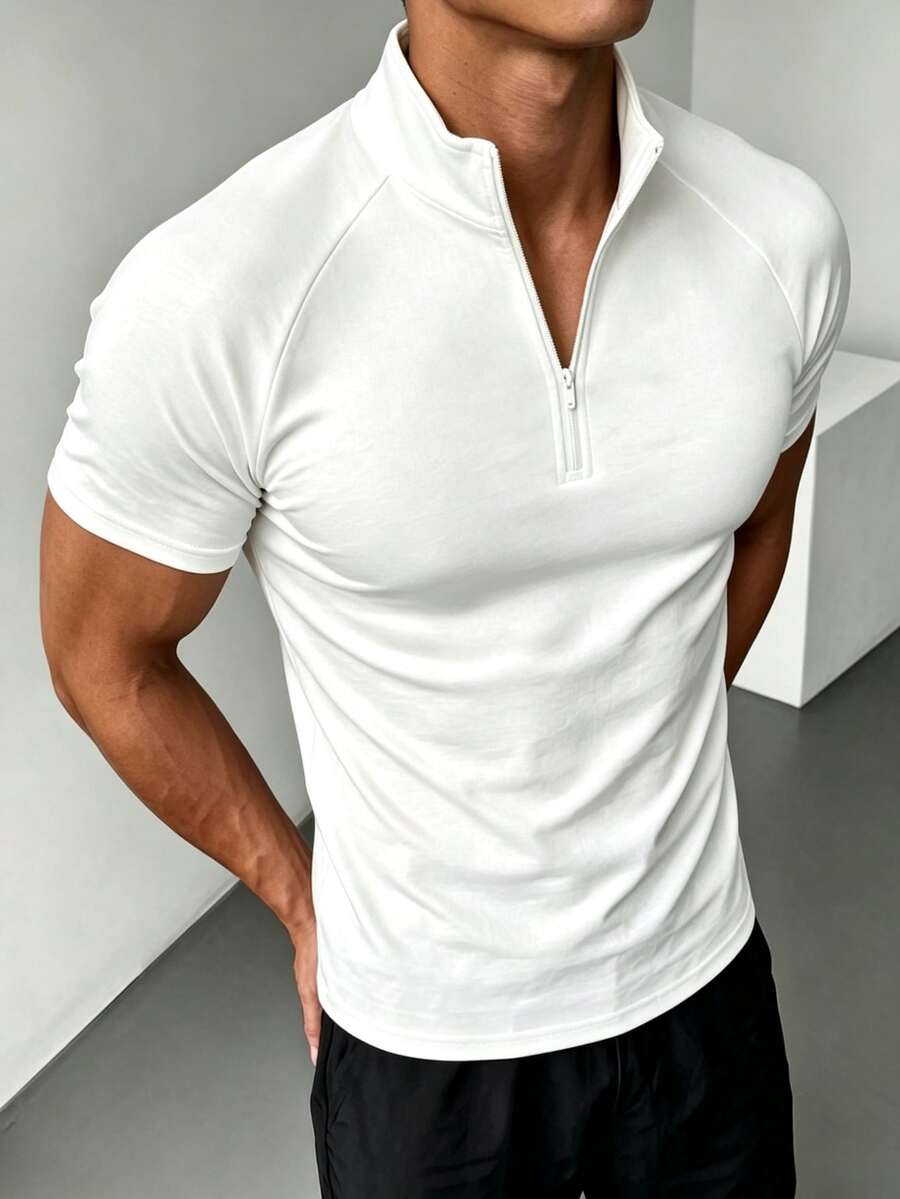 Men's Summer Fashion Raglan Sleeve Zipper Collar Short Sleeve T-Shirt, Suitable For Sports, Fitness And Daily Wear