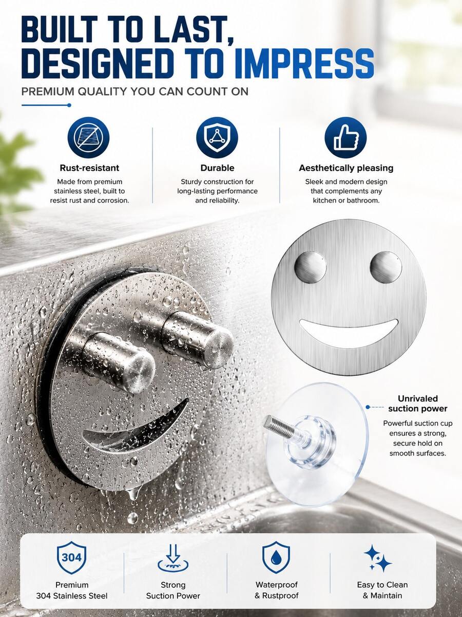 1pc Stainless Steel Smiling Face Sponge Holder, Durable Sink Storage Rack With Suction Cup, Space-Saving Brush Organizer, Keeps Sponge Dry, Suitable For Dishwasher, Kitchen, Bathroom Sink, Home, RV And Apartment Accessories - Multicolor - View 1