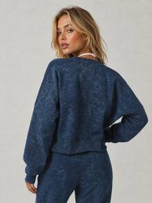 Women's Navy Blue Fashion Pattern Zipper Short Flight Jacket Sweatshirt, Ribbed Hem Long Sleeve Top Outerwear, Suitable For Sports, Fitness, Street Casual, Home Wear - Royal Blue - View 9