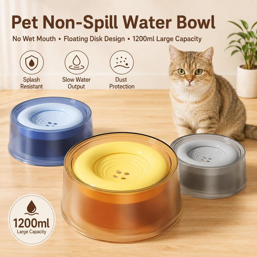 Mangkuk Air Mengapung untuk Hewan Peliharaan, Kapasitas Besar 1200ml, Anti-Curah, Tidak Membuat Mulut Basah, Mangkuk Pengontrol Air Mengapung, Cocok untuk Kucing dan Anjing - 1200 ml - View 1