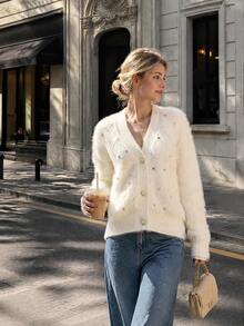 Autumn/Winter Elegant Fashion Rhinestone Decor Faux Fur Cardigan - White - View 3