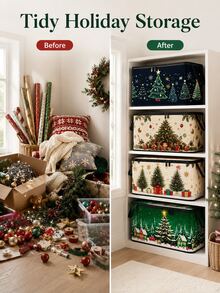 Open-Top Rustic Christmas Tree Storage Basket, Hand-Painted Pine Tree, Snowflake And Star Pattern, Red Black Silver Color Scheme, Vintage Winter Holiday Design, Foldable With Handle Storage Bin, Home Organization Use - Multicolor - View 4