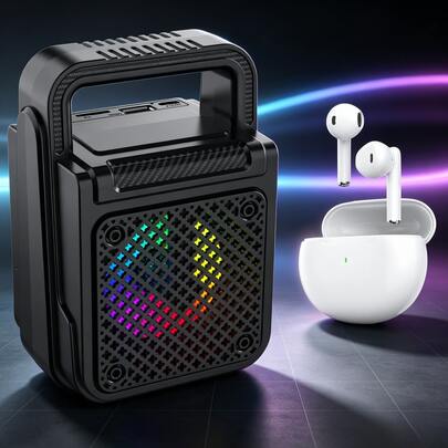 Sing-e Kit Combo Caixa de Som Bluetooth 8W Luz RGB + Fone Sem Fio Bluetooth 5.0, Alto‑falante Portátil com Alça, Suporte TF USB para Festa Casa Exterior