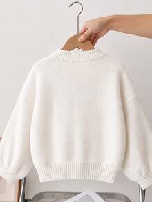 Girls' Knitted Cardigan, Casual Fashion Loose Fit, Dropped Shoulder Sleeves, Heart Decoration, Knitted Cardigan Jacket - White - View 2