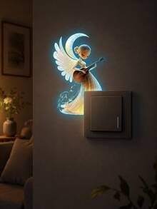 1PC Glow-In-The-Dark Fairy Tale Fairy Night Light Sticker, Blue Light Violinist Playing Serenade, Self-Adhesive Decoration - Guitar - View 2