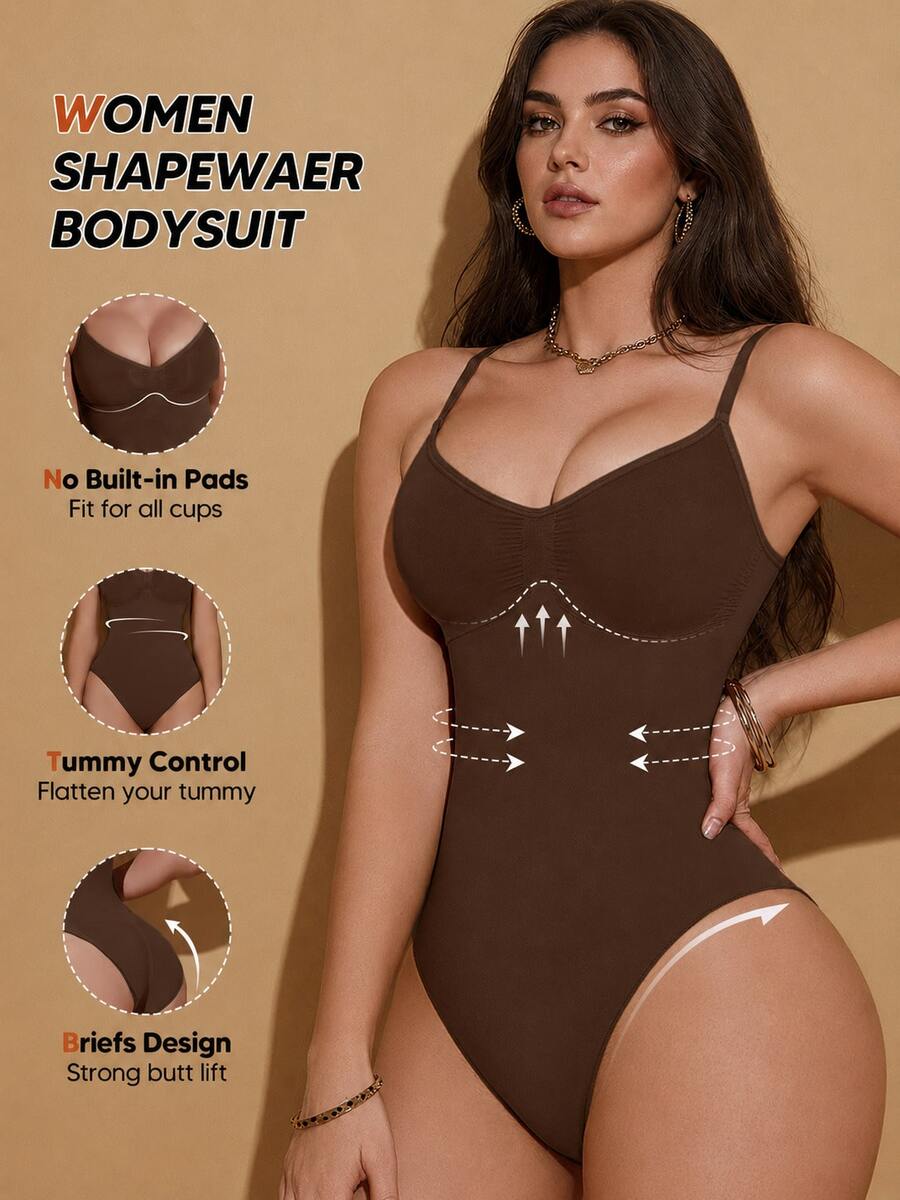Women's Minimalist Solid Color Tummy Control Waist Slimming Bodysuit, Suitable For Layering And Innerwear Summer - Brown - View 1