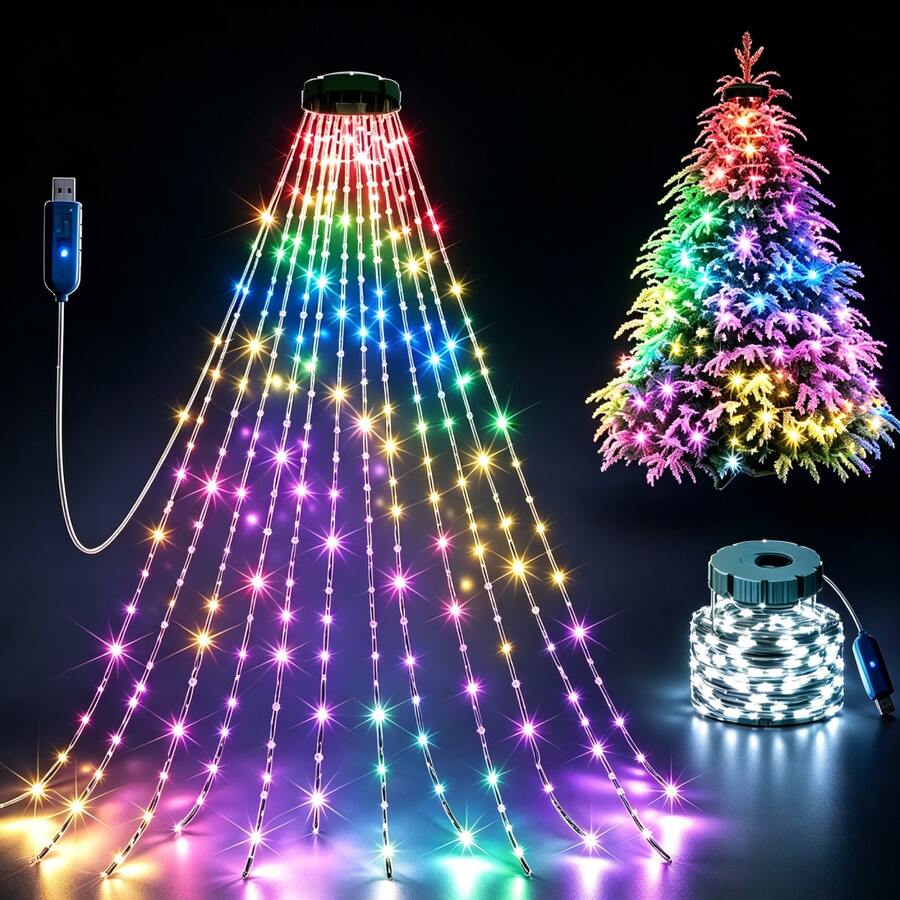 400/220 LED Christmas Indoor String Lights | Fairy Waterfall Tree Lights, USB Powered, 8 Modes, Suitable For Indoor Living Rooms, Terraces, Homes, Christmas Tree Decorations, Halloween Decorations, Autumn Home Decorations, Christmas Home Decorations - Christmas Waterfall Lights - View 1