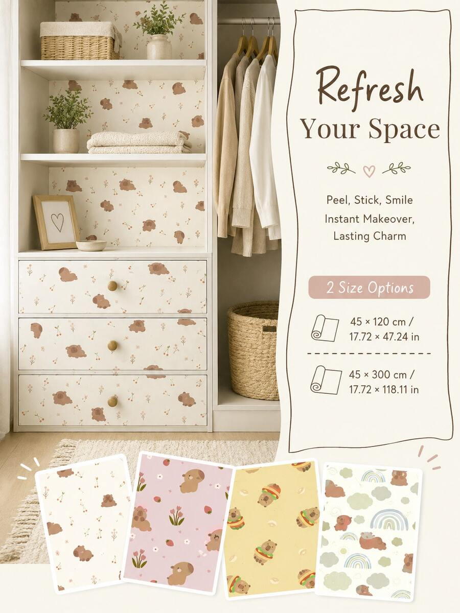 SUPSTICKER Capybara Pattern Peel And Stick Wallpaper, 4 Styles Available, 17.72x47.24 Inches/17.72x118.11 Inches, Suitable For Bedroom, Closet And Furniture Decoration - 1PC - View 1