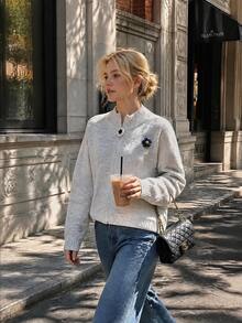 Spring New Women's Korean Style Minimalist Stand Collar Zipper Cardigan Sweater With Daisy Embroidery, Versatile - Grey - View 3
