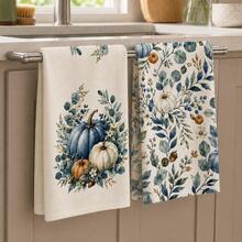 2/4/6/8pcs Kitchen Towels Set, Blue & White Pumpkin Eucalyptus Print Polyester Hand Towels, Watercolor Autumn Botanical Design, Farmhouse Fall Kitchen Decor, Thanksgiving Decorations - Multicolor - View 4