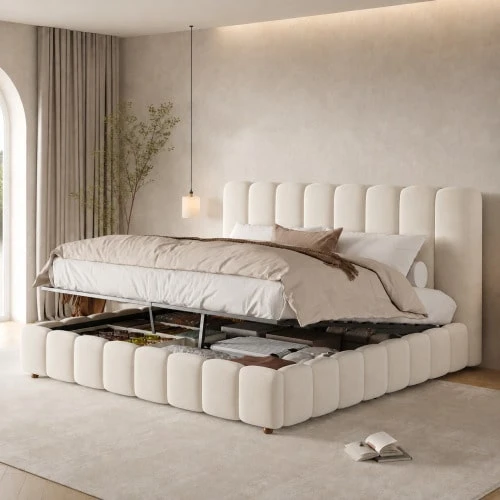 Upholstered Bed, Double Bed, 160*200cm, Hydraulic Storage Bed, Bed With Slatted Frame, Headboard And Large Storage Space, Upholstered Headboard, Beige, Velvet - Beige + Velvet - View 1